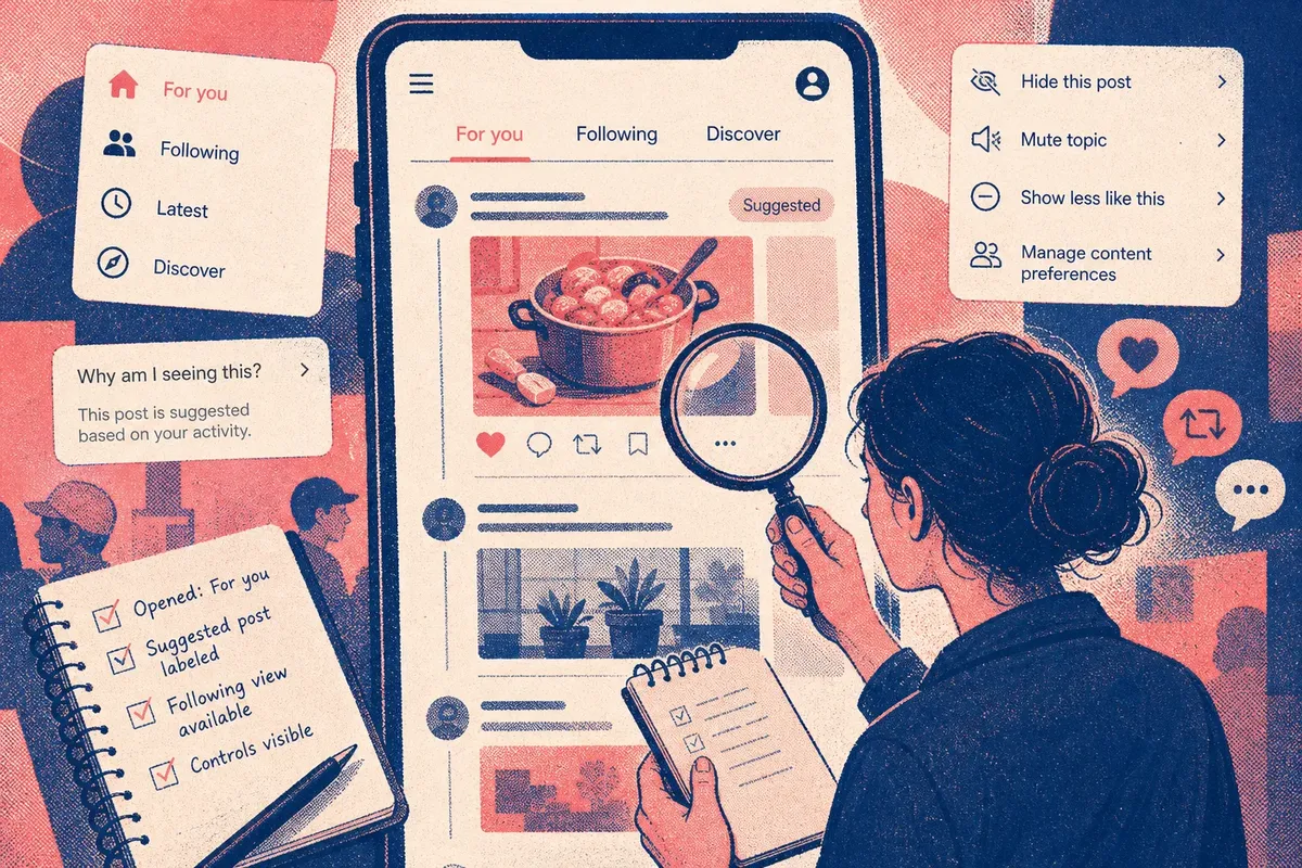 Person examining a smartphone feed with a magnifying glass, surrounded by note pads and menu options in muted red and blue tones