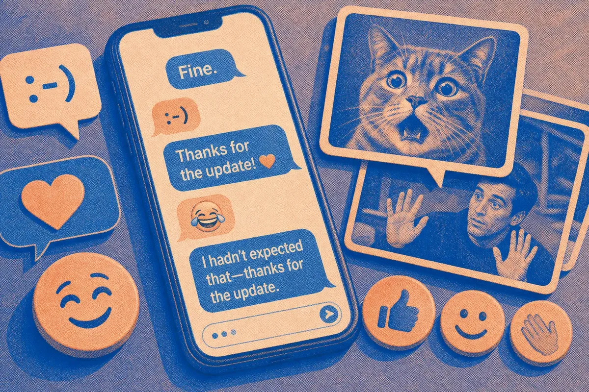 Smartphone screen showing text messages with emojis alongside reaction images of a shocked cat and surprised man