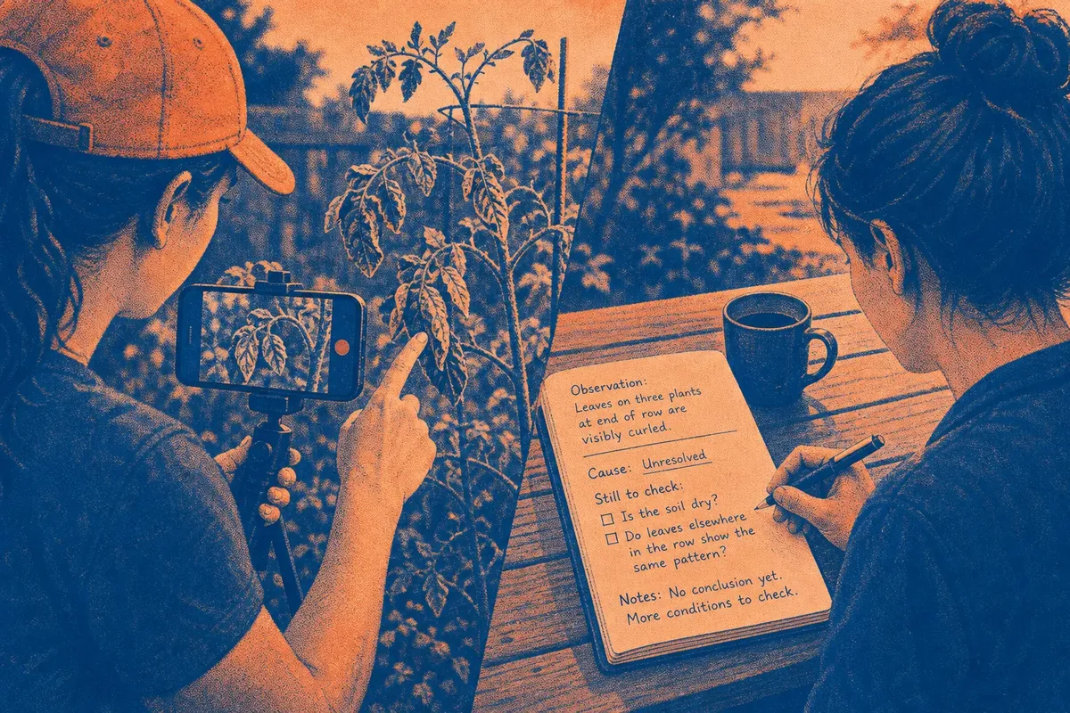 Two women outdoors examining plants with one recording on smartphone and the other taking notes