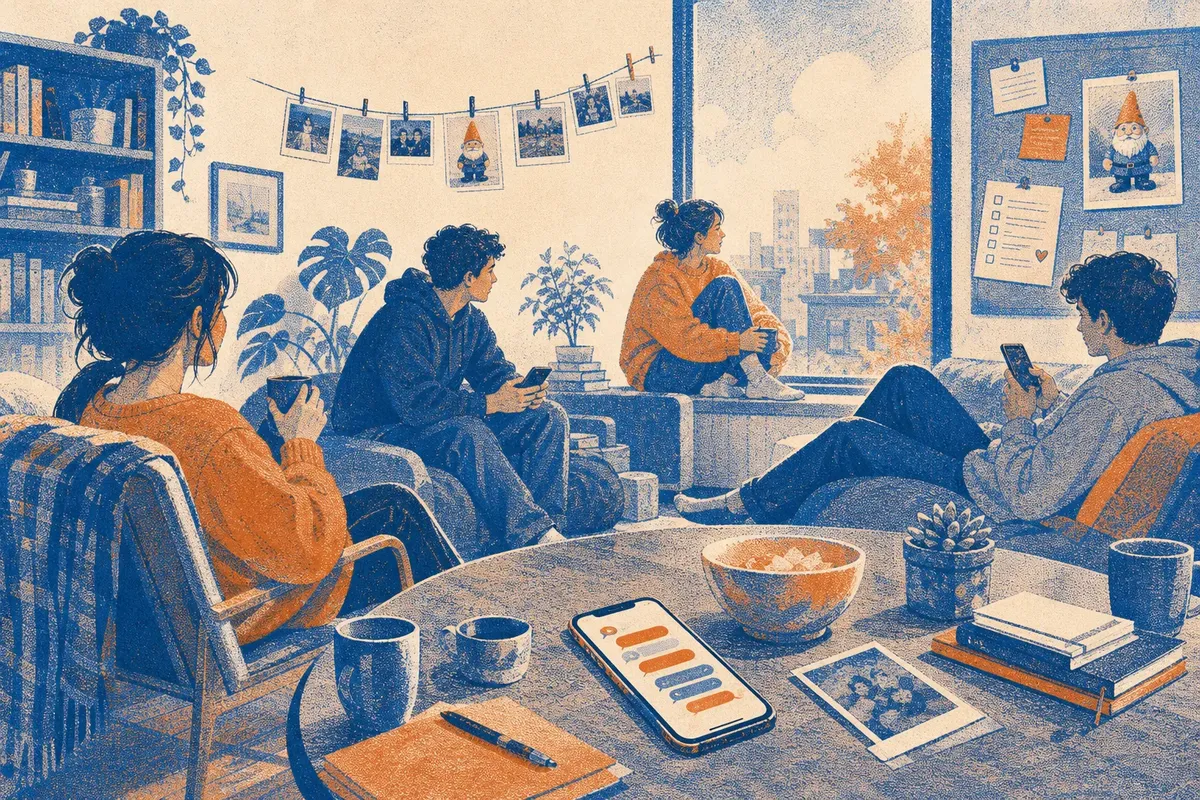 Four people sitting and relaxing in a cozy room with warm light and city view through window