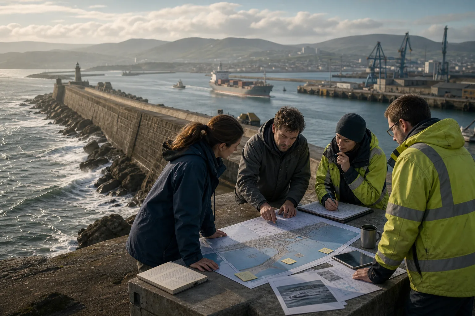 Four people in work jackets examining large maps on a stone pier with ships and cranes in the background
