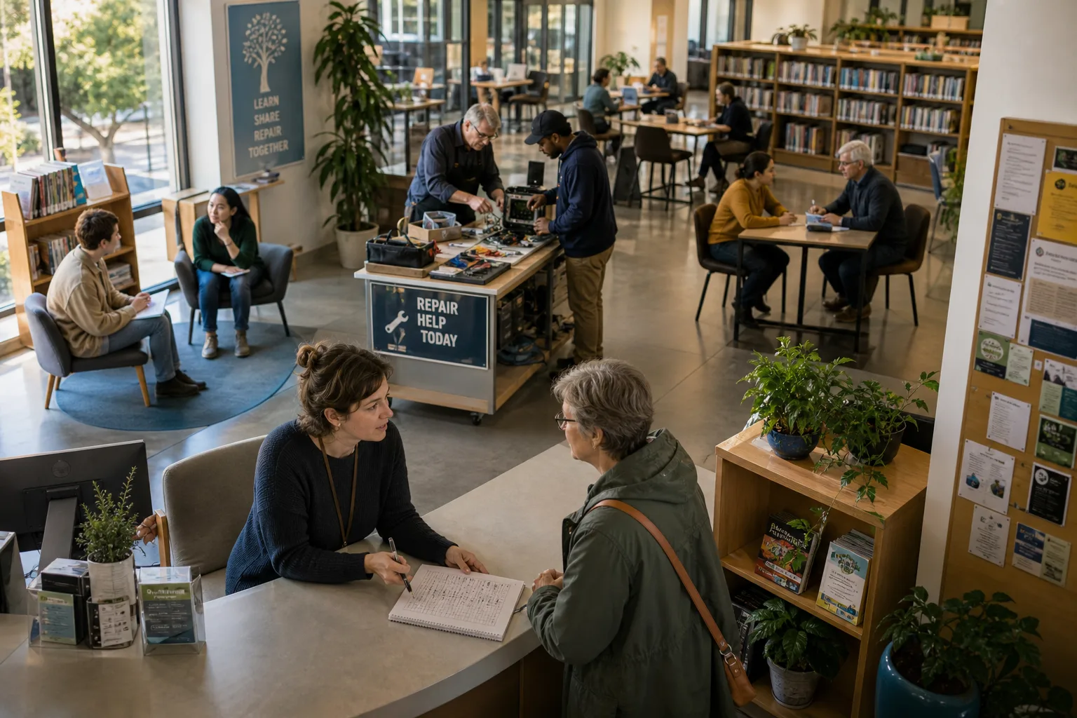 People engaging in conversations and repair activities inside a bright library with shelves and plants