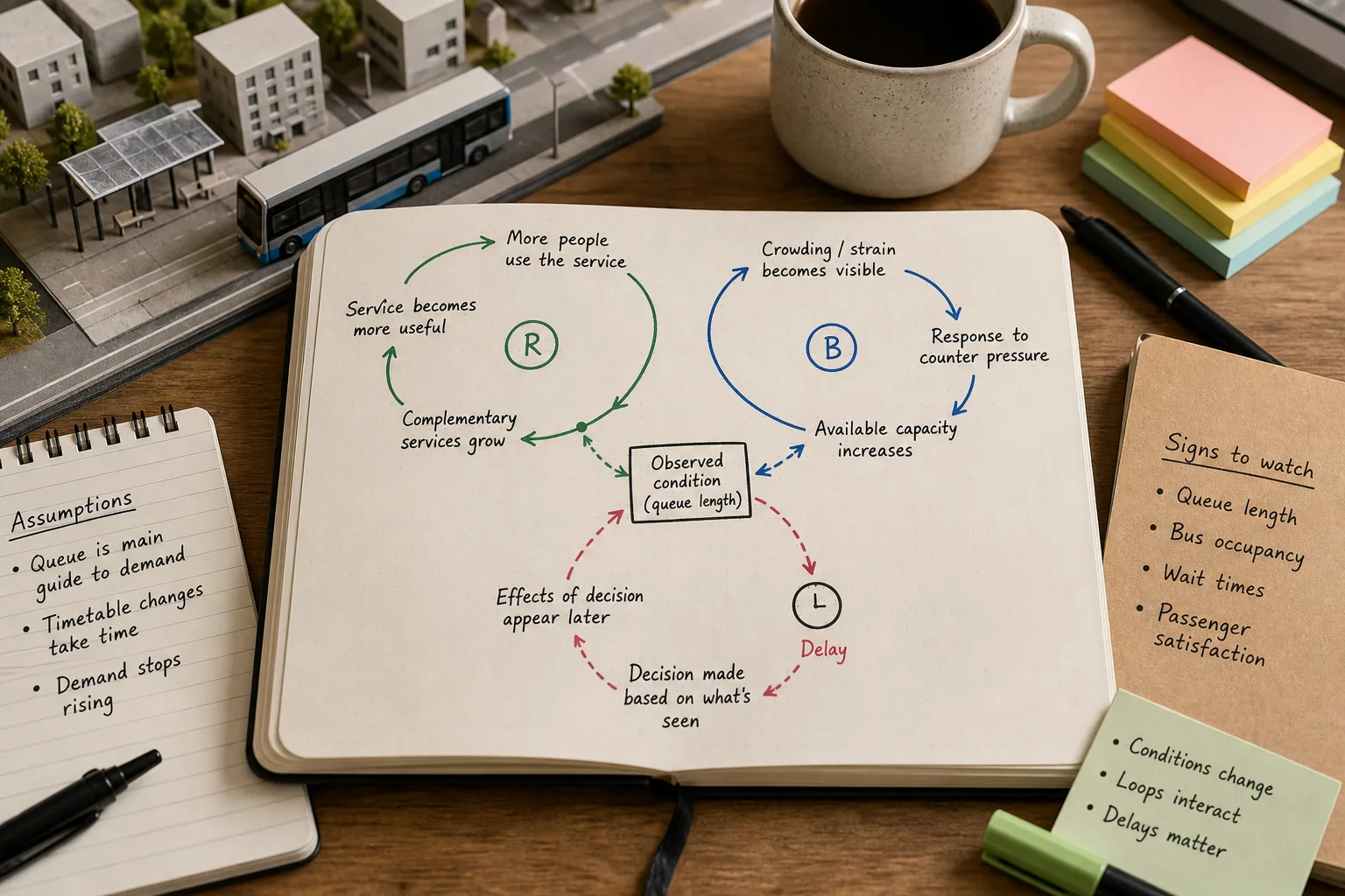 Open notebook with handwritten feedback loop diagram and notes on wooden table surrounded by pens, sticky notes, coffee cup, and a bus model
