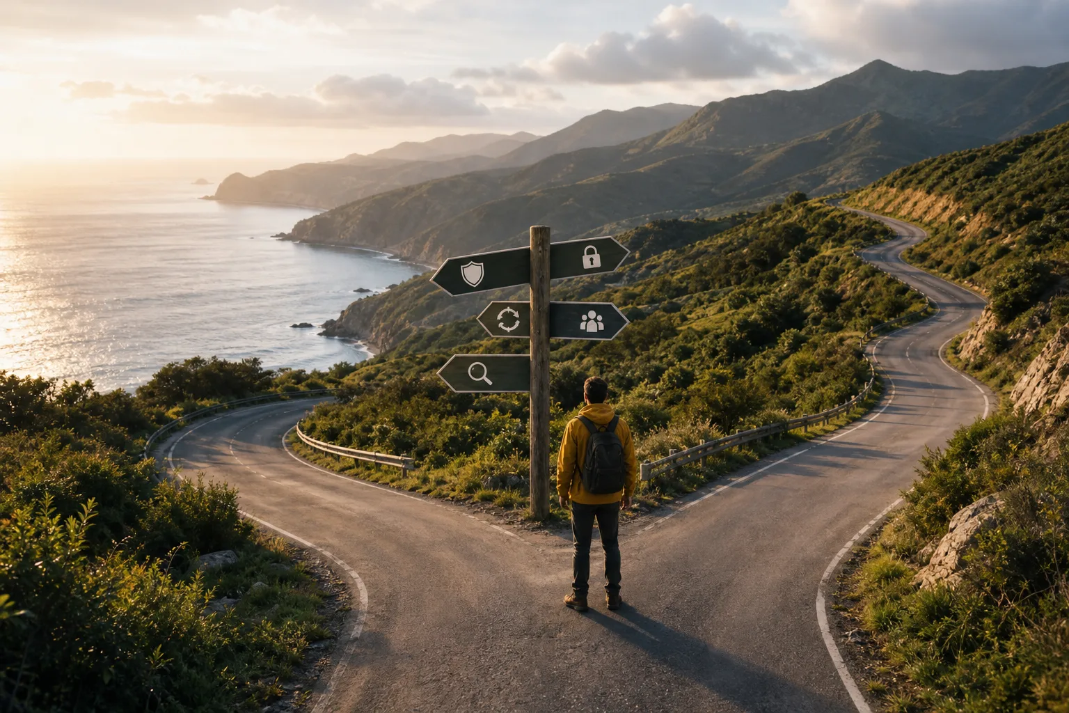 Person standing at a forked mountain road with directional signs overlooking a coastal landscape at sunset