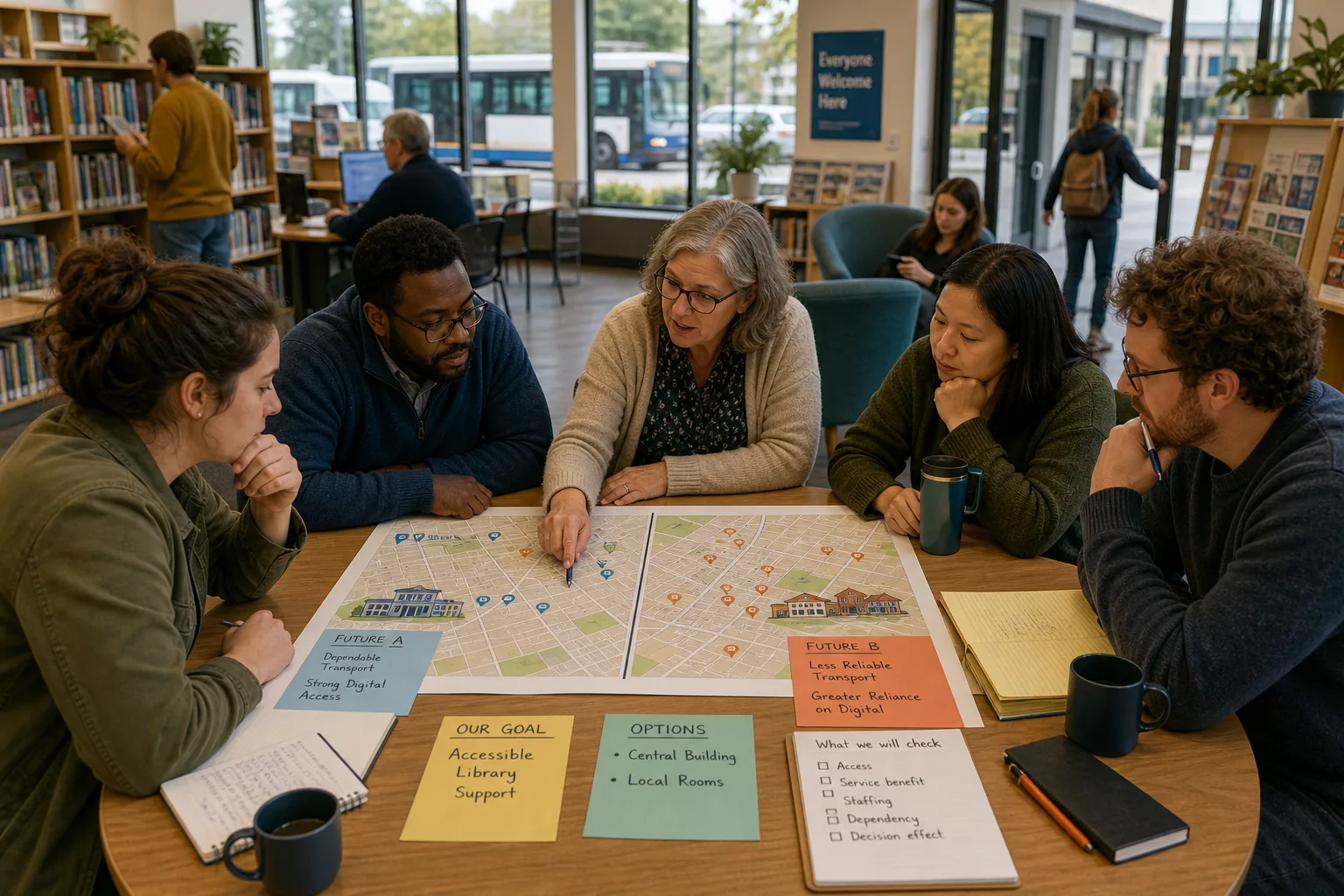 Diverse group of people gathered around a table studying maps and documents in a brightly lit library